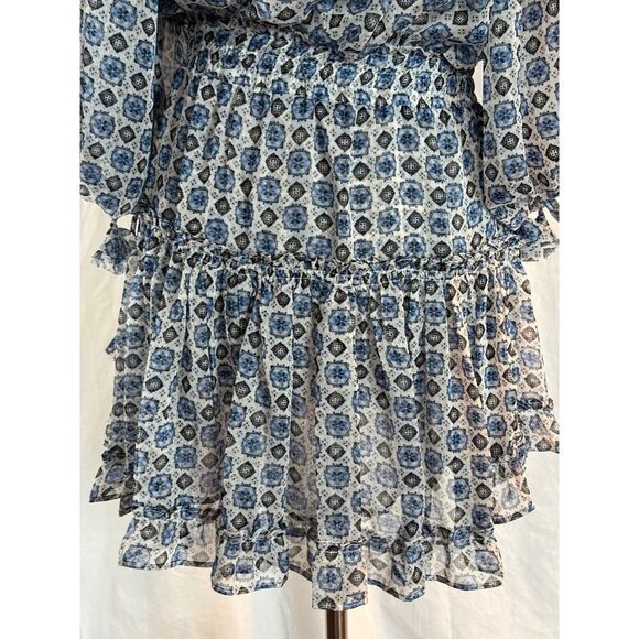 NWT MISA Blouson Dress Balloon Sleeve Tiered Ruffle Skirt Boho Blues - Picture 4 of 11